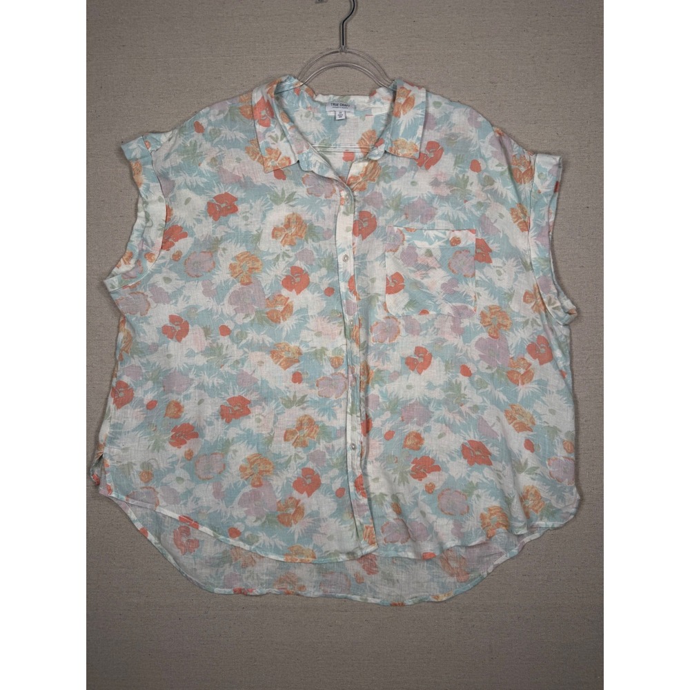 True Craft Womens 2X Floral Linen Blend Button Down Sleeveless Blouse Top
